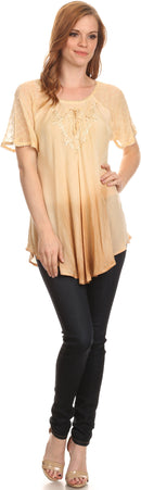 Sakkas  Vilma Long Blouse With Embroidery Lace Cap Sleeves And Corset Enclosure