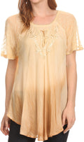 Sakkas  Vilma Long Blouse With Embroidery Lace Cap Sleeves And Corset Enclosure#color_Beige