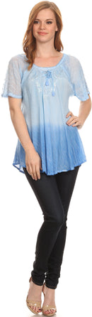 Sakkas  Vilma Long Blouse With Embroidery Lace Cap Sleeves And Corset Enclosure