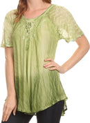 Sakkas  Vilma Long Blouse With Embroidery Lace Cap Sleeves And Corset Enclosure