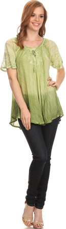 Sakkas  Vilma Long Blouse With Embroidery Lace Cap Sleeves And Corset Enclosure