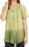Sakkas  Vilma Long Blouse With Embroidery Lace Cap Sleeves And Corset Enclosure#color_Green