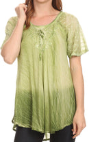 Sakkas  Vilma Long Blouse With Embroidery Lace Cap Sleeves And Corset Enclosure