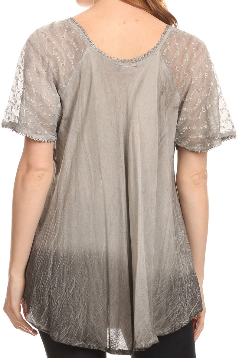 Sakkas  Vilma Long Blouse With Embroidery Lace Cap Sleeves And Corset Enclosure