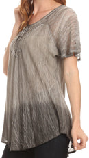Sakkas  Vilma Long Blouse With Embroidery Lace Cap Sleeves And Corset Enclosure