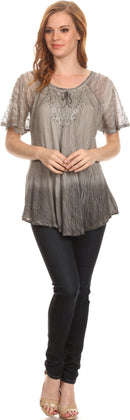 Sakkas  Vilma Long Blouse With Embroidery Lace Cap Sleeves And Corset Enclosure