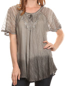 Sakkas  Vilma Long Blouse With Embroidery Lace Cap Sleeves And Corset Enclosure