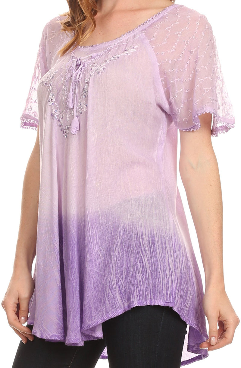 Sakkas  Vilma Long Blouse With Embroidery Lace Cap Sleeves And Corset Enclosure