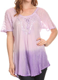 Sakkas  Vilma Long Blouse With Embroidery Lace Cap Sleeves And Corset Enclosure#color_Lavender