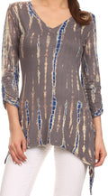 Sakkas Ciara V-Neck Long Sleeve Tie Dye Blouse#color_Grey
