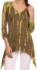 Sakkas Ciara V-Neck Long Sleeve Tie Dye Blouse#color_Olive
