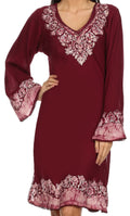 Sakkas Amme Batik Embroidered V-Neck Long Sleeve Blouse / Tunic#color_Burgundy