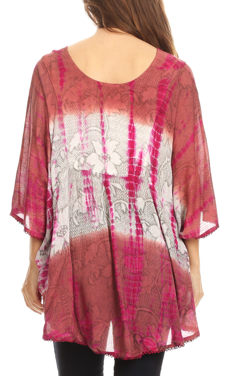 Sakkas Ellesa Ombre Tie Dye Circle Poncho Blouse Shirt Top With Sequin Embroidery