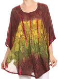 Sakkas Ellesa Ombre Tie Dye Circle Poncho Blouse Shirt Top With Sequin Embroidery#color_Brown/Yellow