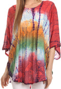 Sakkas Ellesa Ombre Tie Dye Circle Poncho Blouse Shirt Top With Sequin Embroidery#color_Coral/Blue