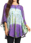 Sakkas Ellesa Ombre Tie Dye Circle Poncho Blouse Shirt Top With Sequin Embroidery#color_Purple/Cream