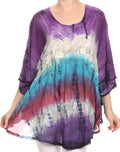 Sakkas Ellesa Ombre Tie Dye Circle Poncho Blouse Shirt Top With Sequin Embroidery#color_Purple/White
