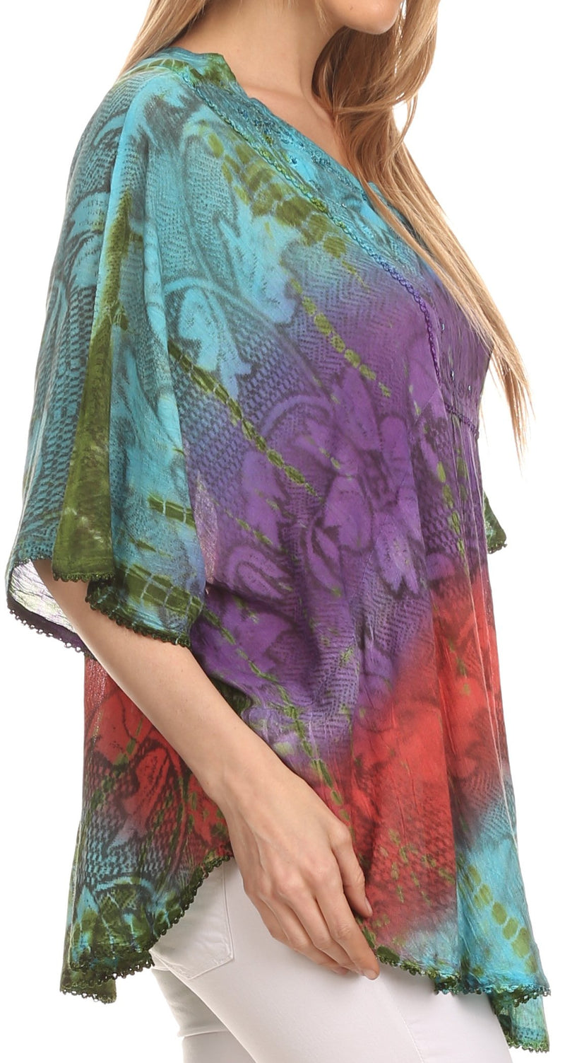 Sakkas Ellesa Ombre Tie Dye Circle Poncho Blouse Shirt Top With Sequin Embroidery