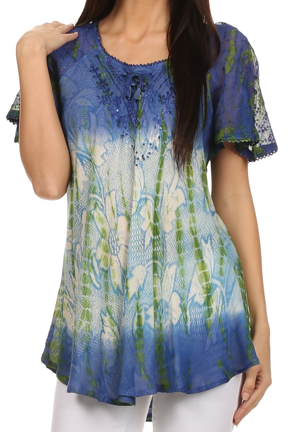 Sakkas Dina Relaxed Fit Sequin Tie Dye Embroidery Cap Sleeves Blouse