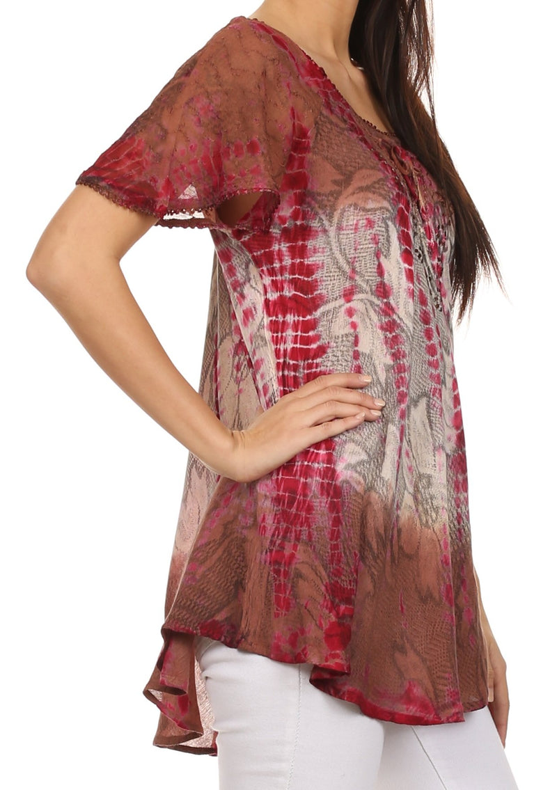 Sakkas Dina Relaxed Fit Sequin Tie Dye Embroidery Cap Sleeves Blouse / Top