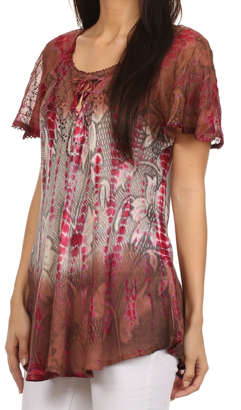 Sakkas Dina Relaxed Fit Sequin Tie Dye Embroidery Cap Sleeves Blouse / Top