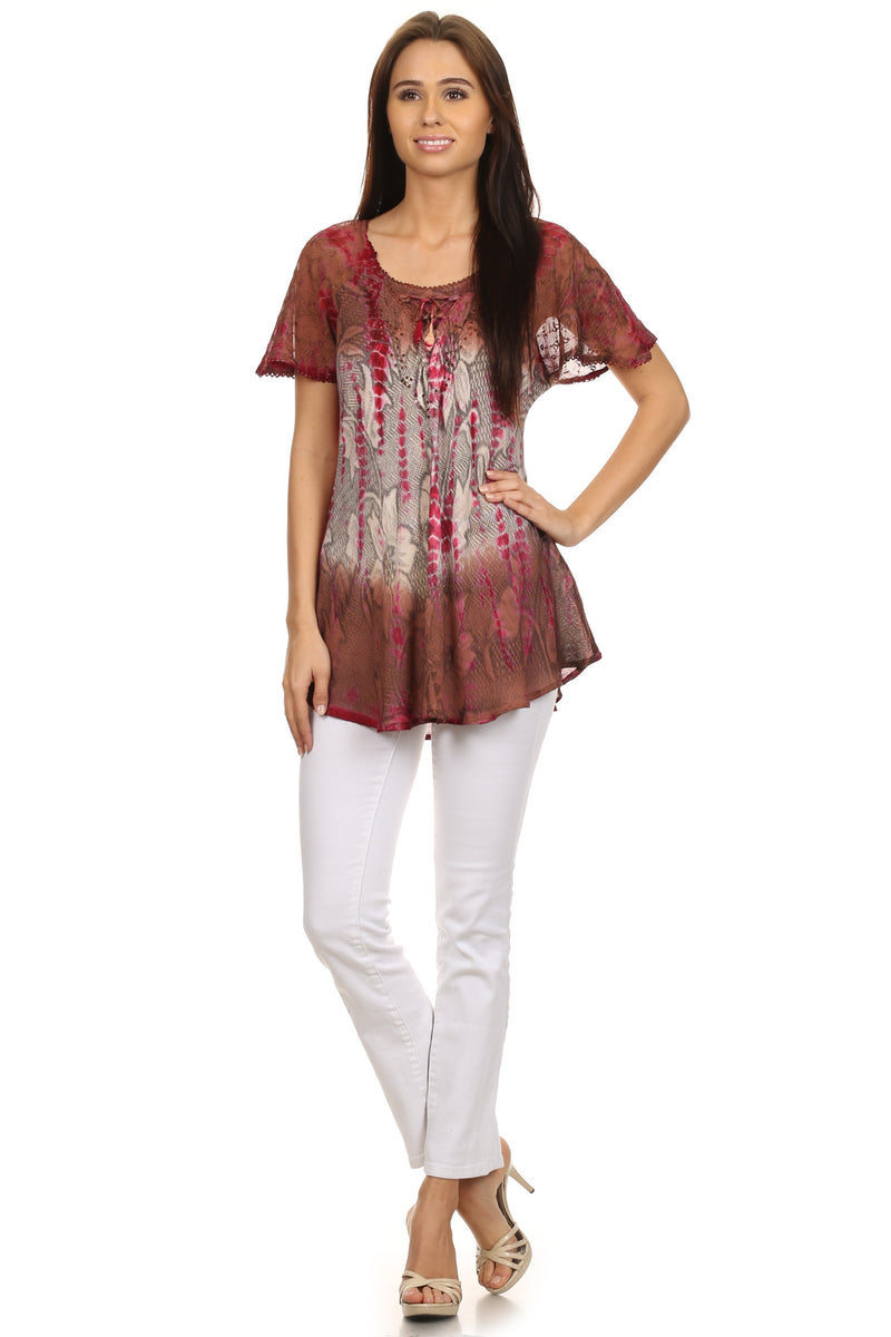 Sakkas Dina Relaxed Fit Sequin Tie Dye Embroidery Cap Sleeves Blouse / Top