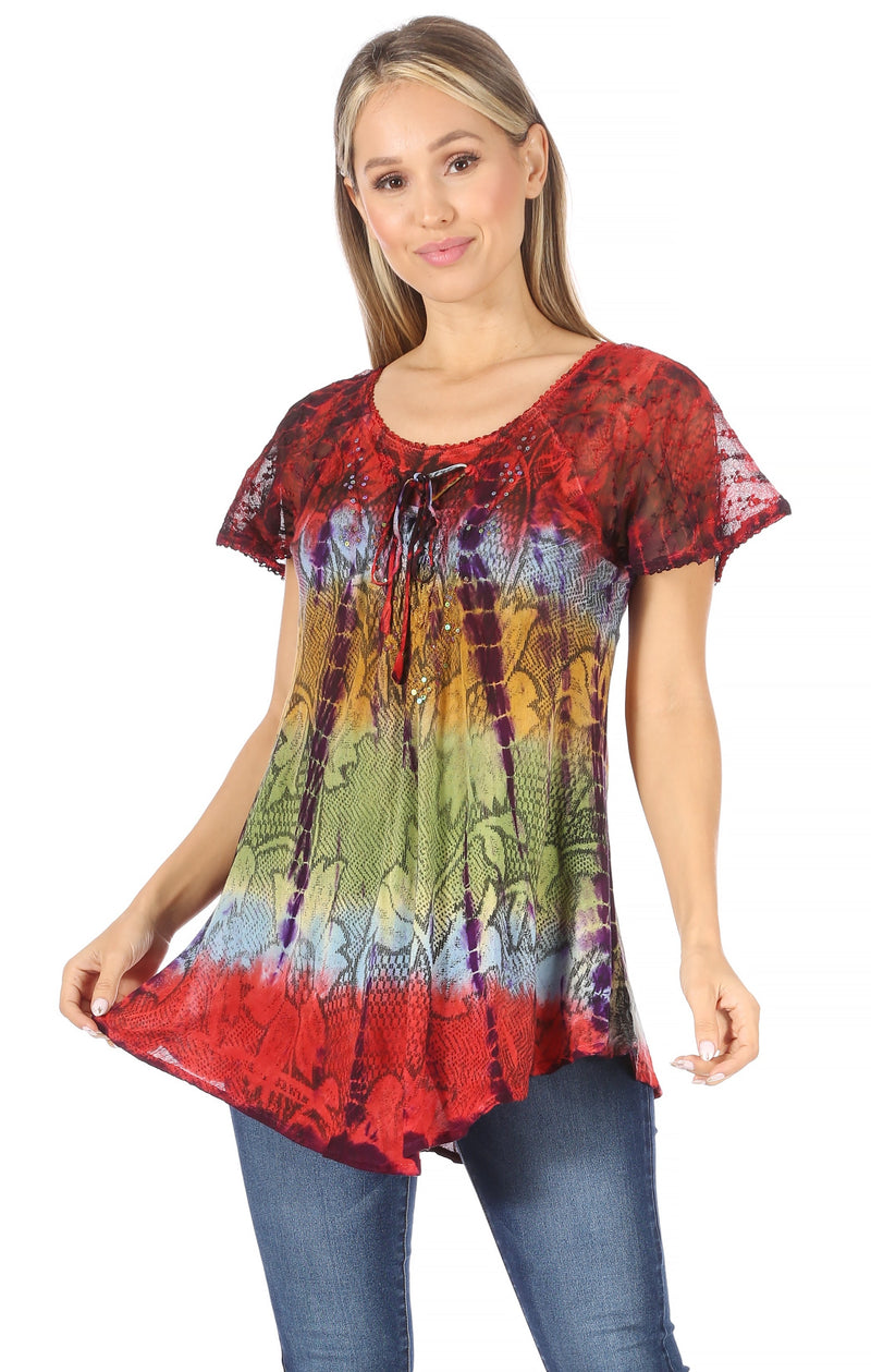 Sakkas Dina Relaxed Fit Sequin Tie Dye Embroidery Cap Sleeves Blouse / Top