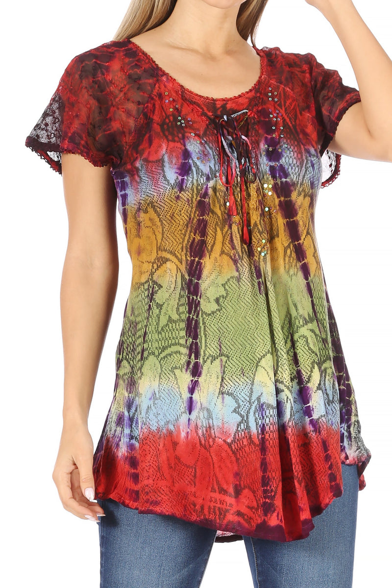 Sakkas Dina Relaxed Fit Sequin Tie Dye Embroidery Cap Sleeves Blouse / Top