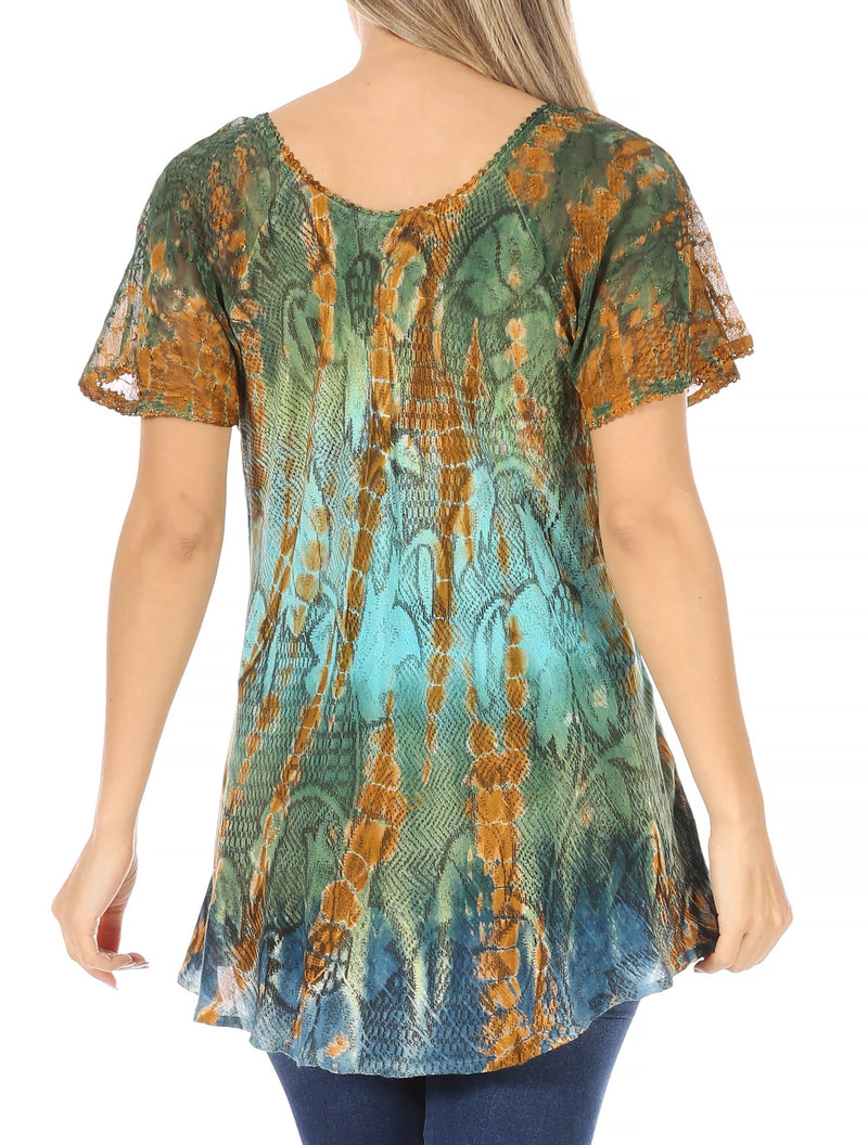 Sakkas Dina Relaxed Fit Sequin Tie Dye Embroidery Cap Sleeves Blouse / Top