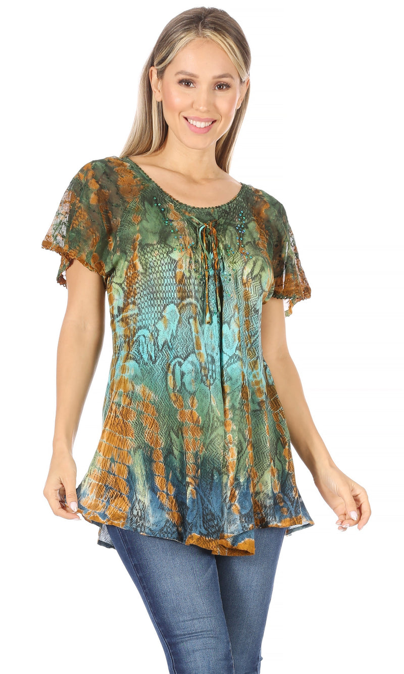 Sakkas Dina Relaxed Fit Sequin Tie Dye Embroidery Cap Sleeves Blouse / Top