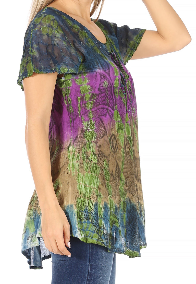 Sakkas Dina Relaxed Fit Sequin Tie Dye Embroidery Cap Sleeves Blouse / Top