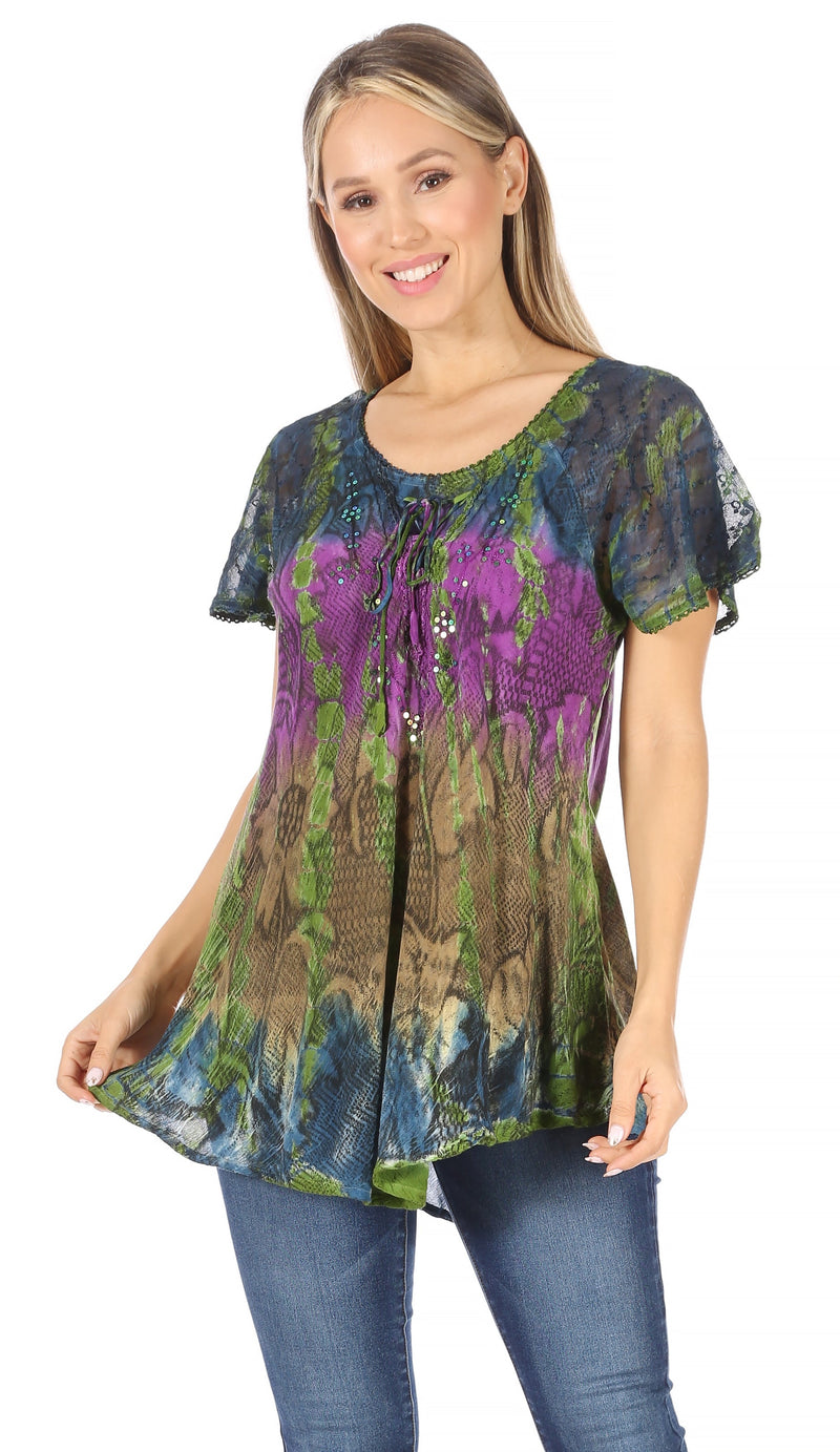 Sakkas Dina Relaxed Fit Sequin Tie Dye Embroidery Cap Sleeves Blouse / Top