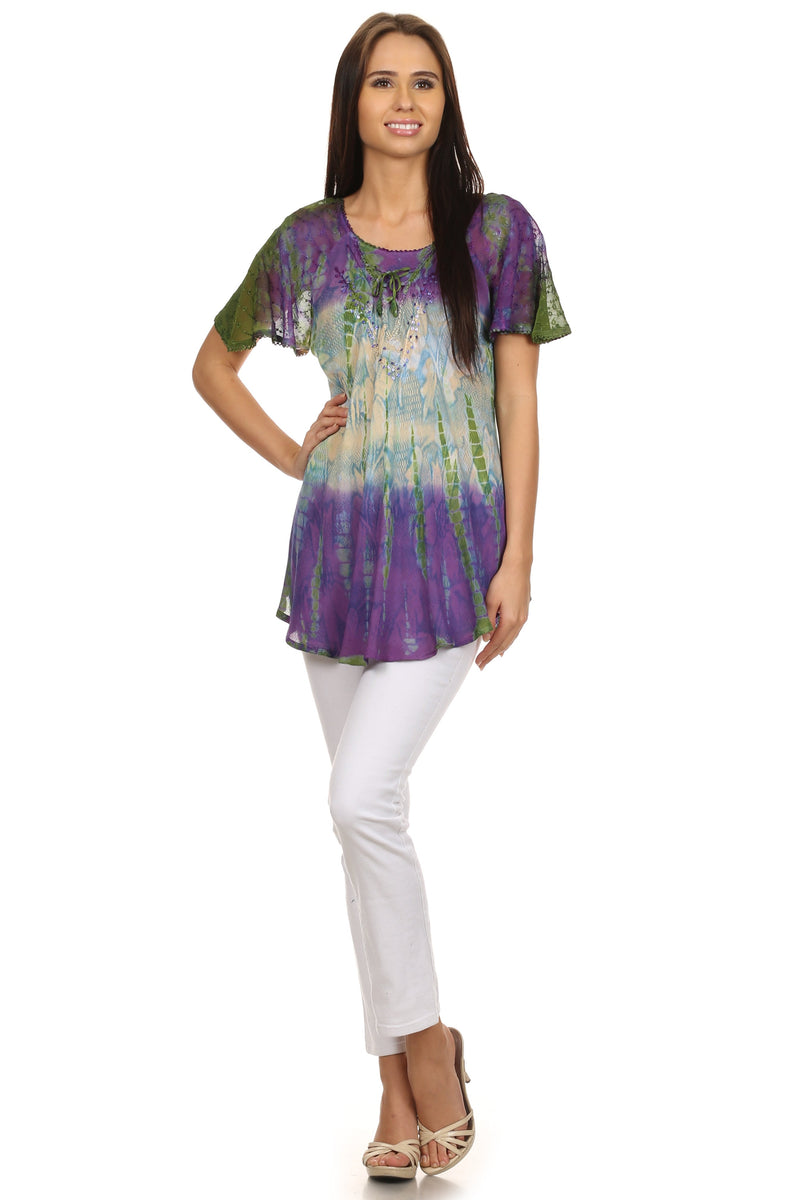 Sakkas Dina Relaxed Fit Sequin Tie Dye Embroidery Cap Sleeves Blouse / Top