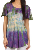 Sakkas Dina Relaxed Fit Sequin Tie Dye Embroidery Cap Sleeves Blouse / Top#color_Purple/Beige