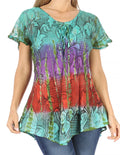 Sakkas Dina Relaxed Fit Sequin Tie Dye Embroidery Cap Sleeves Blouse / Top#color_Turquoise