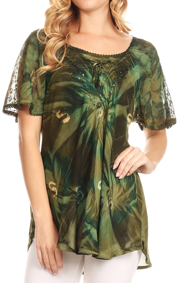 Sakkas Juniper Short Sleeve Lace Up Tie Dye Blouse with Sequins and Embroidery#color_Avocado