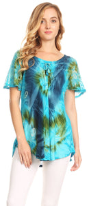 Sakkas Juniper Short Sleeve Lace Up Tie Dye Blouse with Sequins and Embroidery