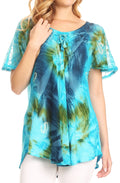 Sakkas Juniper Short Sleeve Lace Up Tie Dye Blouse with Sequins and Embroidery#color_Blue / Turquoise 