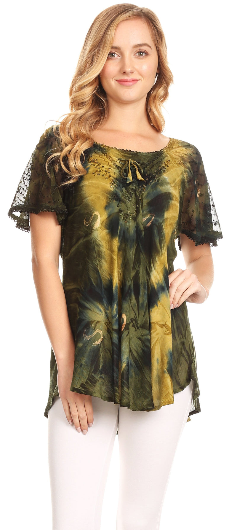 Sakkas Juniper Short Sleeve Lace Up Tie Dye Blouse with Sequins and Embroidery