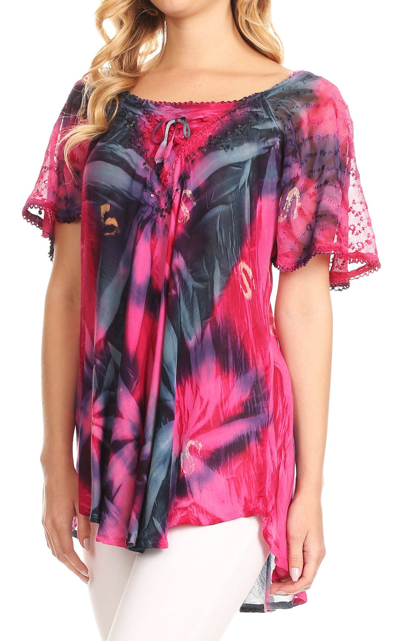 Sakkas Juniper Short Sleeve Lace Up Tie Dye Blouse with Sequins and Embroidery