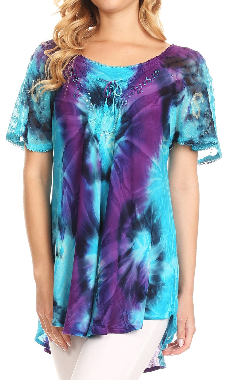 Sakkas Juniper Short Sleeve Lace Up Tie Dye Blouse with Sequins and Em