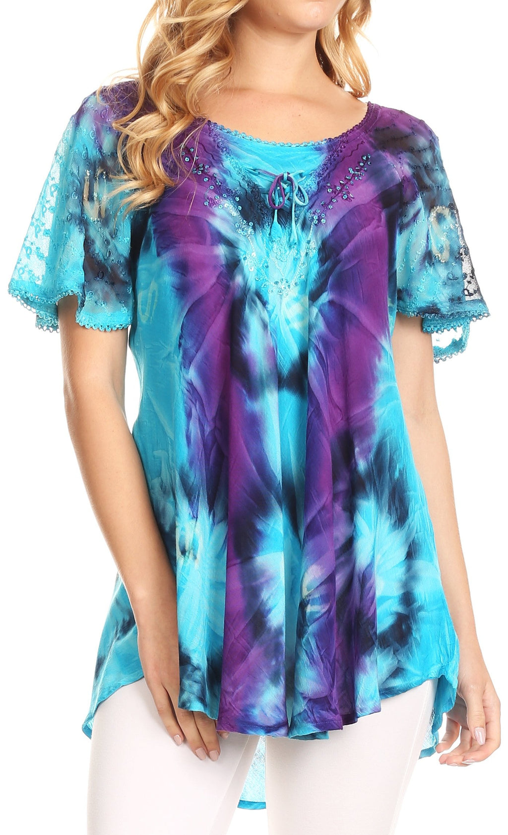 Sakkas Juniper Short Sleeve Lace Up Tie Dye Blouse with Sequins and Em