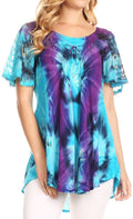 Sakkas Juniper Short Sleeve Lace Up Tie Dye Blouse with Sequins and Embroidery#color_Turq / Purple 