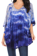 Sakkas Lepha Long Wide Multi Colored Tie Dye Sequin Embroidered Poncho Top Blouse#color_Blue
