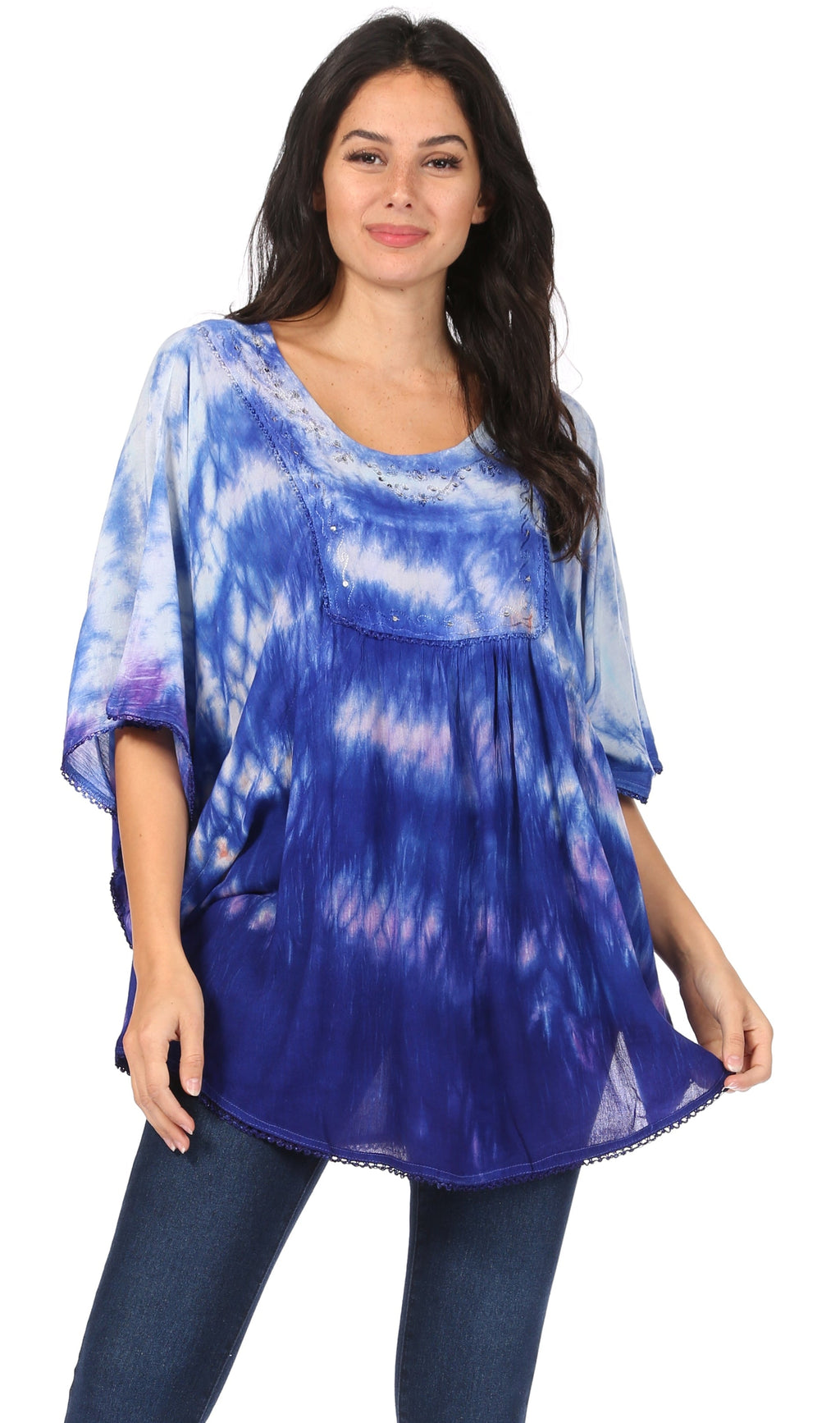 Sakkas Lepha Long Wide Multi Colored Tie Dye Sequin Embroidered Poncho