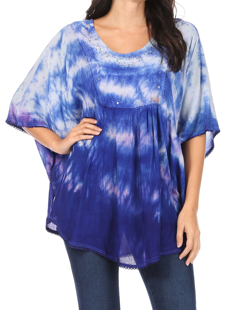 Sakkas Lepha Long Wide Multi Colored Tie Dye Sequin Embroidered Poncho Top Blouse