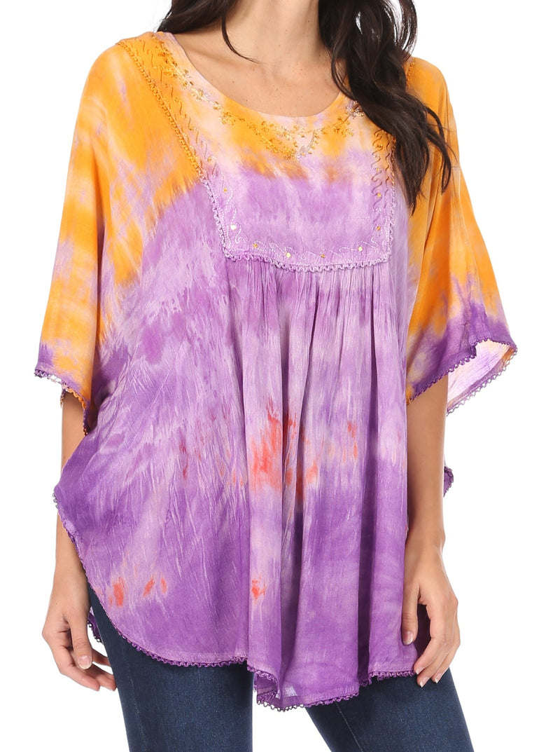 Sakkas Lepha Long Wide Multi Colored Tie Dye Sequin Embroidered Poncho Top Blouse