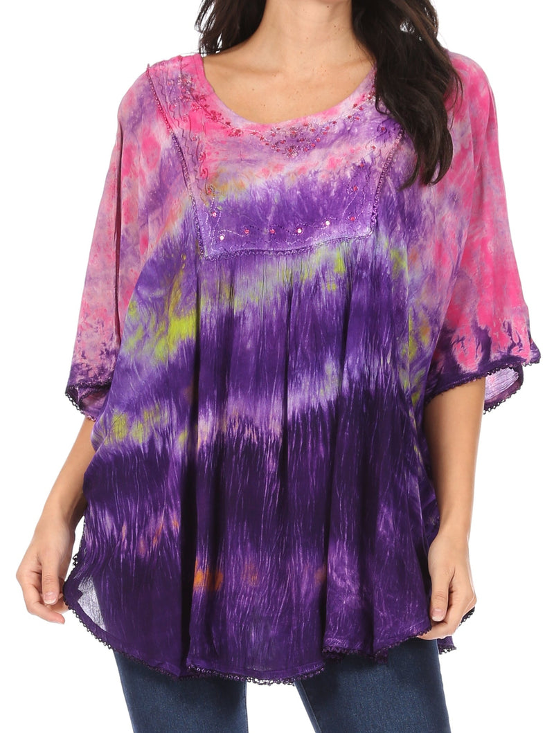 Sakkas Lepha Long Wide Multi Colored Tie Dye Sequin Embroidered Poncho Top Blouse