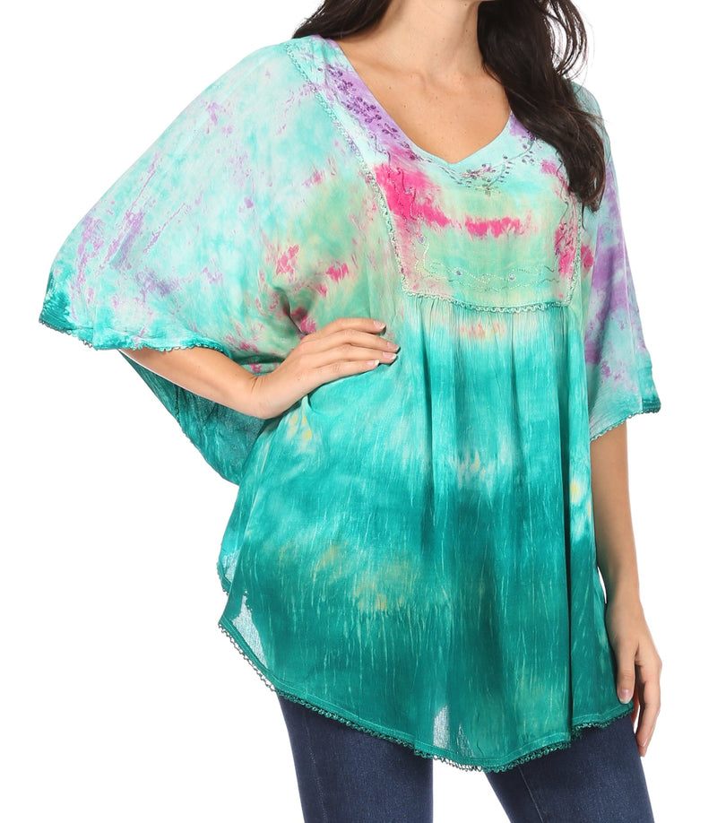 Sakkas Lepha Long Wide Multi Colored Tie Dye Sequin Embroidered Poncho Top Blouse