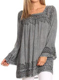 Sakkas Elena Tribal Nature Square Neck Bell Sleeve Stonewashed Top#color_Grey